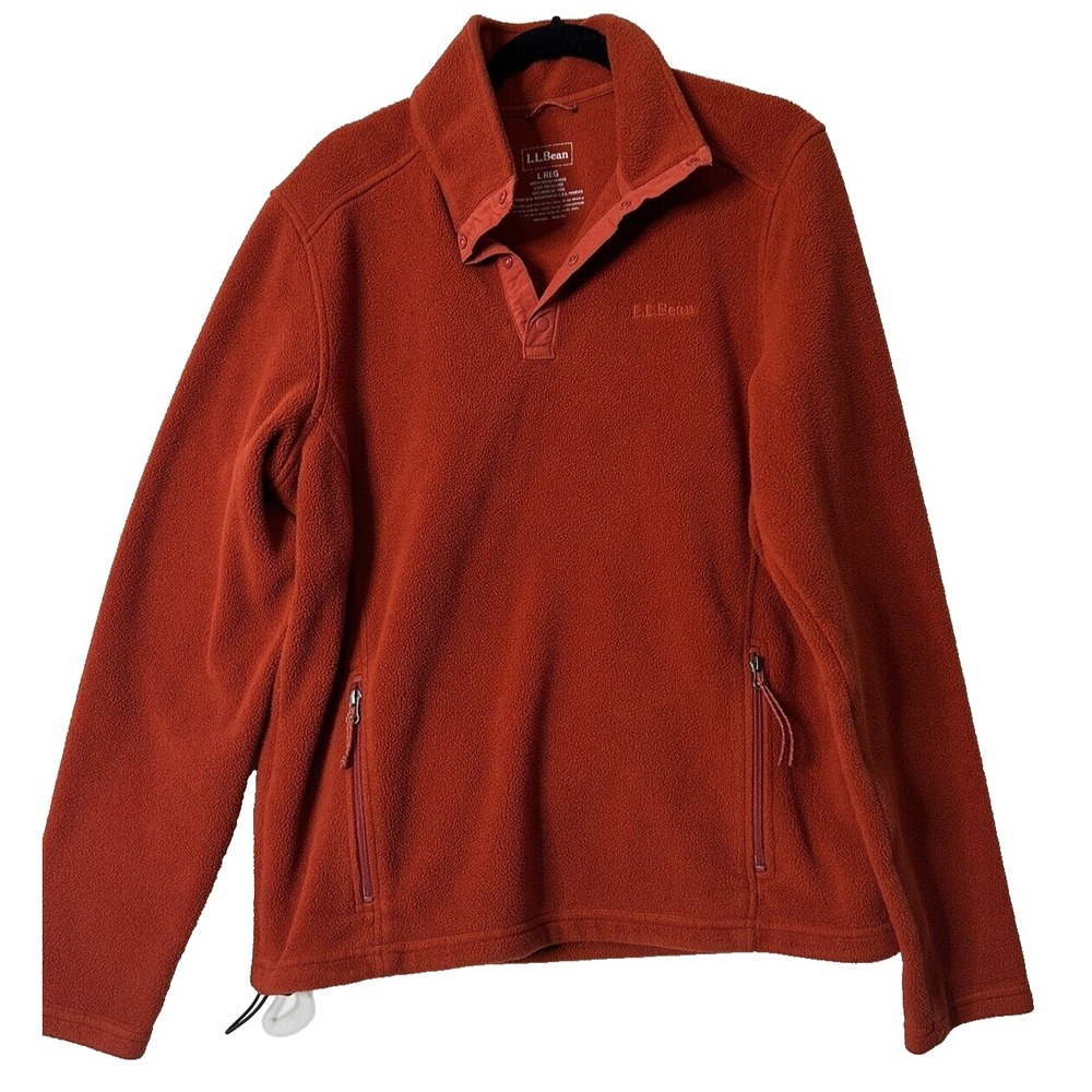 LL Bean Men Size L Orange 1/4 Snap 100% Polyester Polartec Pullover